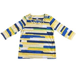 Alfred Dunner Womens Striped 3/4 Sleeve Top Size S Blue Yellow White Green